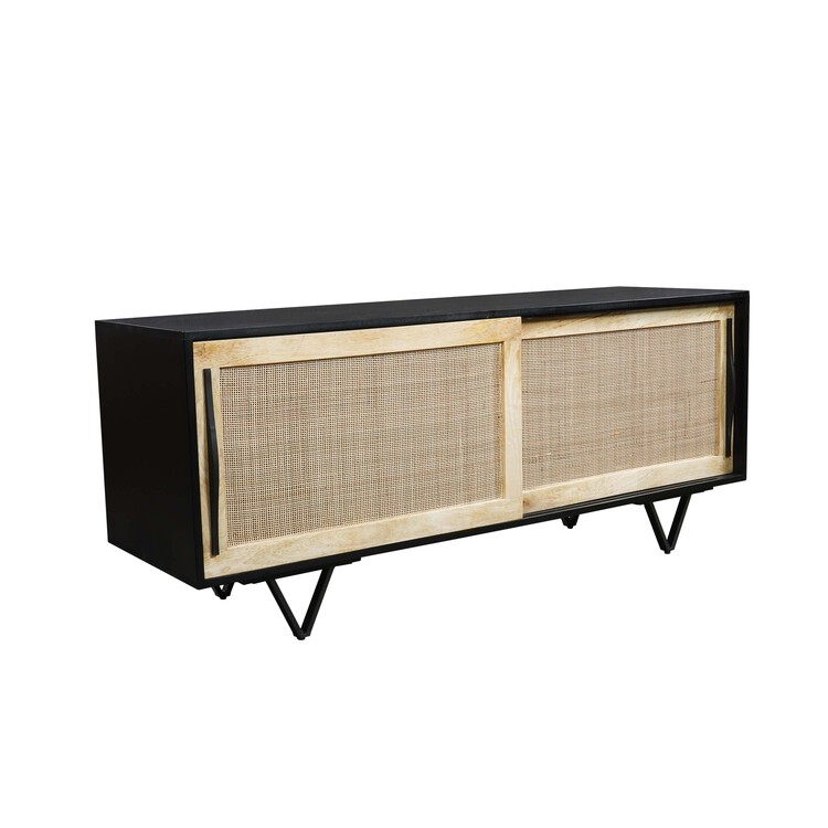The Urban Port Handcrafted 60-Inch TV Media Console with Rattan Sliding Doors - Natural Brown And Matte Black Finish image - 1