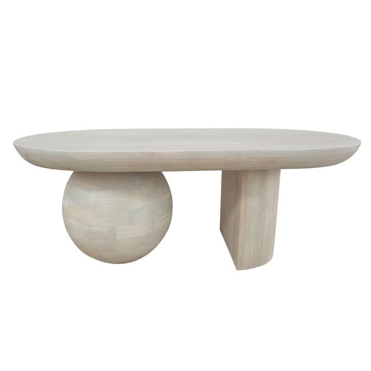 The Urban Port 38 Inch Coffee Table, Oblong Mango Wood Top with a Modern Ball Leg, Washed White image - 1