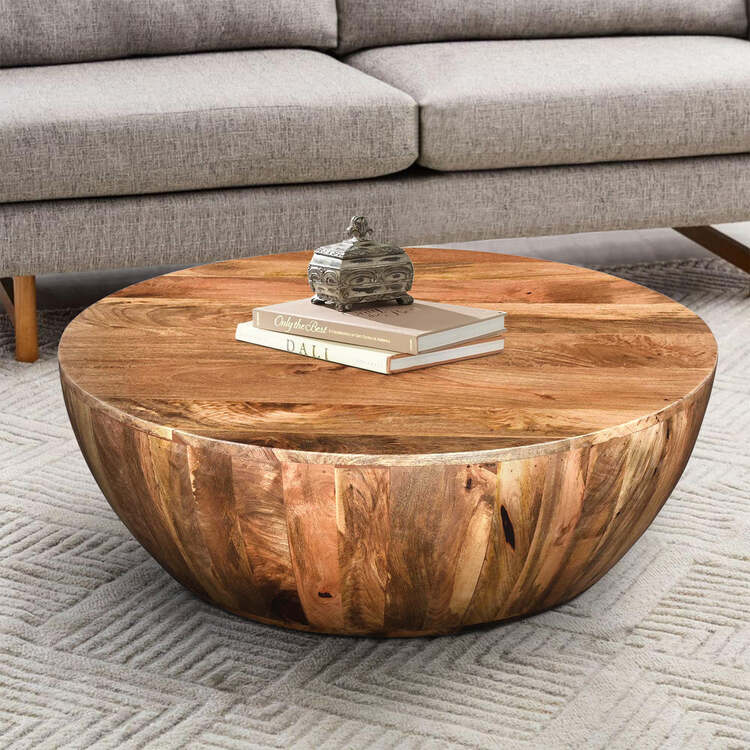 32 Inch Artisanal Round Drum Coffee Table