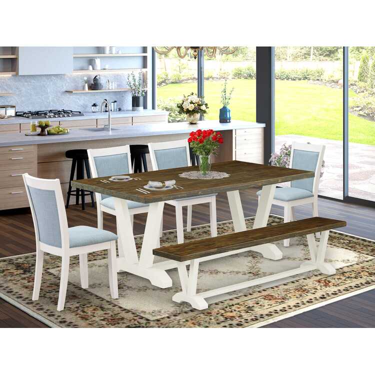 Wooden Dining Table Set with Baby Blue Chairs & Wood Bench image - 1