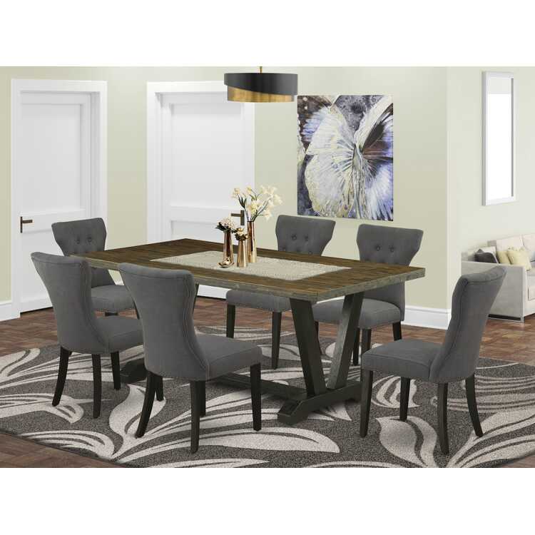 7 Piece Dining Set - Dark Grey Linen Fabric Chairs & Table image - 1