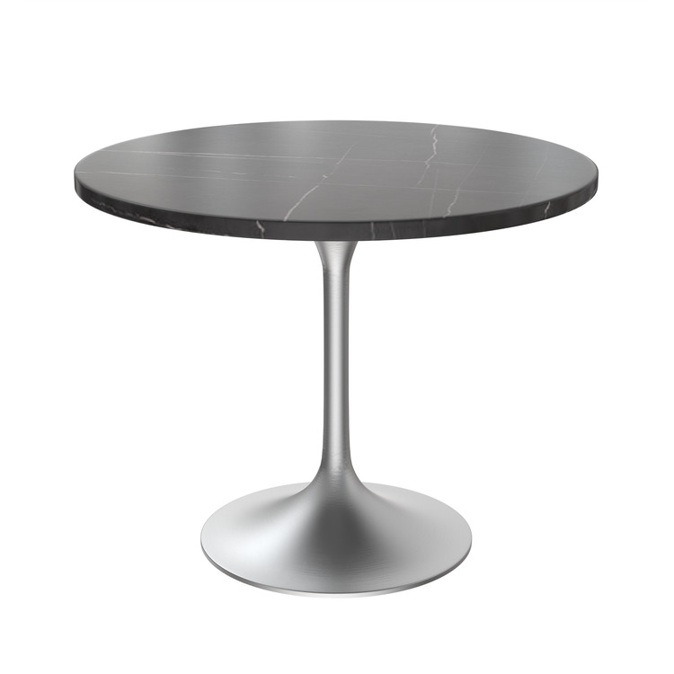 LeisureMod Verve Collection 36" Round Dining Table, Brushed Chrome Base with Sintered Stone Black Top image - 1