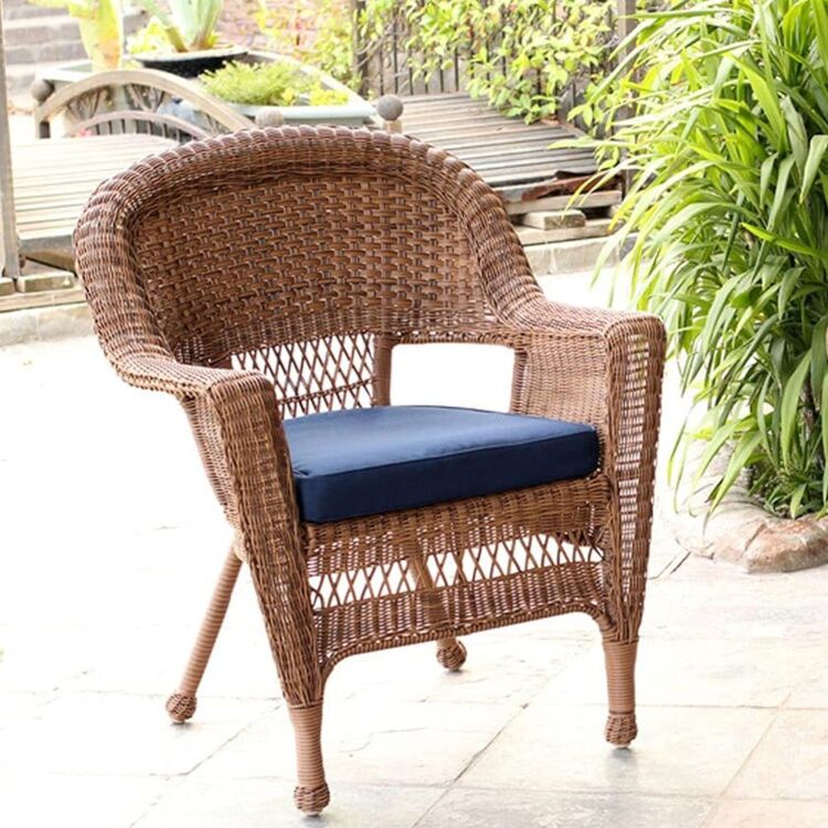 Jeco Wicker Chair with Blue Cushion - Set of 2, Wicker Outdoor Chairs image - 1