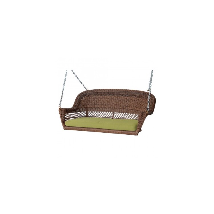 Resin Wicker Porch Swing with Green Cushion and Steel Frame - Image 1