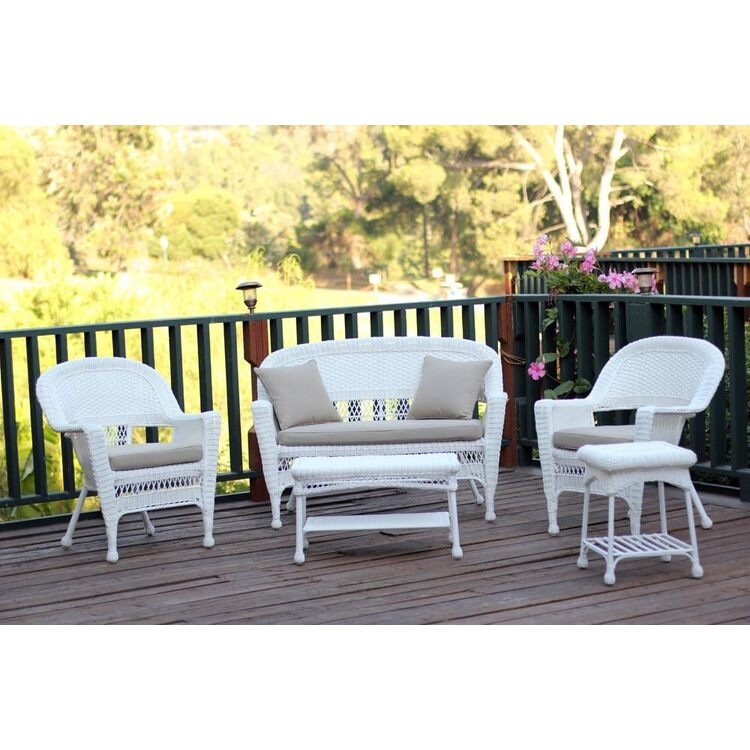 White Wicker Conversation Set with Tan Cushions 5 - Piece Patio Furniture - Jeco image - 1
