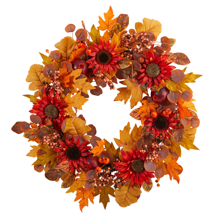 Nearly Natural 30in Fall Acorn Sunflower Berries Autumn Foliage Artificial Wreath
