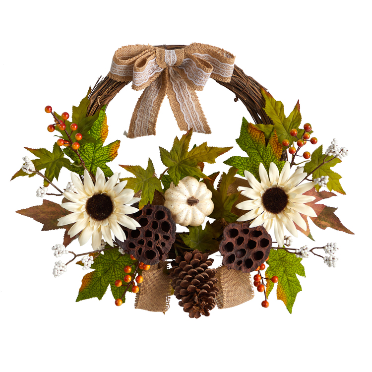 Nearly Natural 20in. Autumn Sunflower, White Pumpkin and Dried Lotus Pod Artificial Fall Wreath with Decorative Bow image - 1