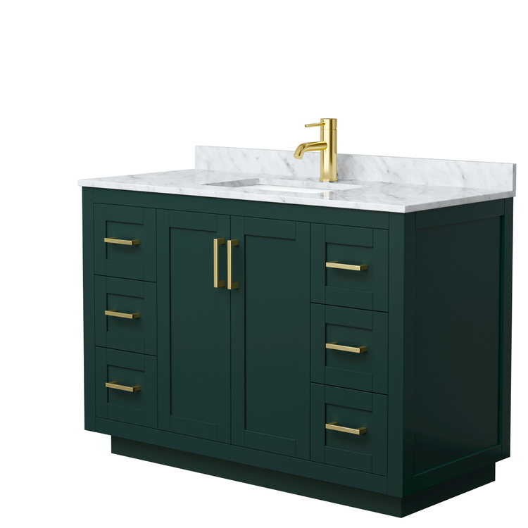 Wyndham Collection Miranda 48 Inch Single Bathroom Vanity in Green, White Carrara Marble Countertop, Undermount Square Sink, Brushed Gold Trim image - 1