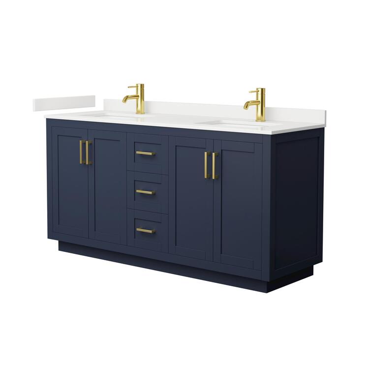 Dark Blue Double Bathroom Vanity White Quartz Sinks Brushed Gold Trim ...