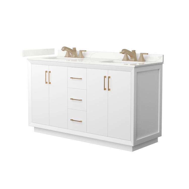 Wyndham Collection Strada 60 Inch Double Bathroom Vanity in White, Giotto Quartz Countertop, Undermount Square Sink (3-Hole), Satin Bronze Trim image - 1