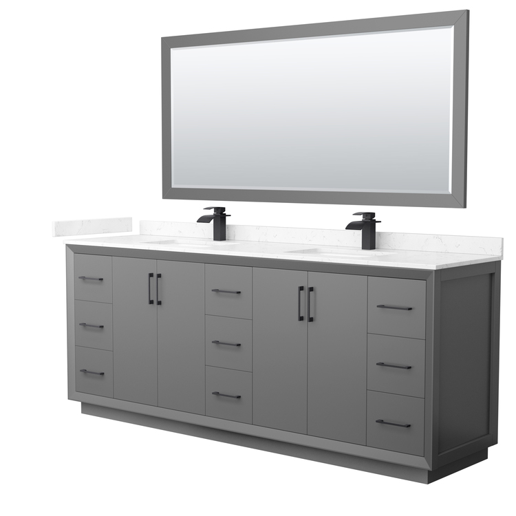 Wyndham Collection Strada 84 Inch Double Bathroom Vanity in Dark Gray, Carrara Cultured Marble Countertop, Undermount Square Sink, Matte Black Trim, 70 Inch Mirror image - 1