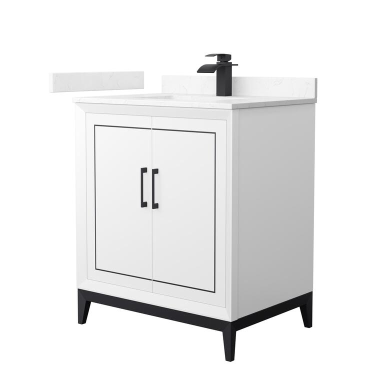 Wyndham Collection Marlena 30 Inch Single Bathroom Vanity in White, Carrara Cultured Marble Countertop, Undermount Square Sink, Matte Black Trim image - 1