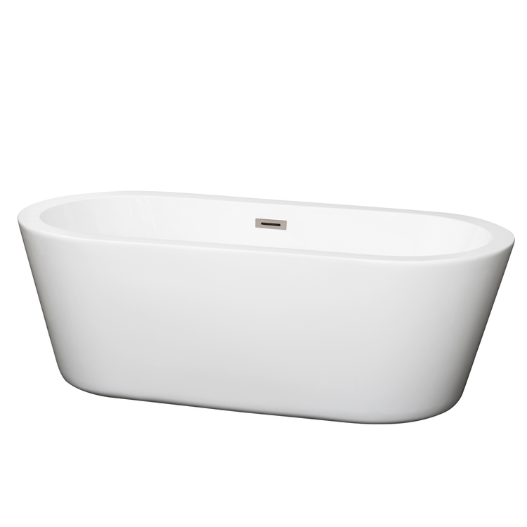 Wyndham Collection Mermaid 67 Inch Freestanding Bathtub in White with Brushed Nickel Drain and Overflow Trim image - 1