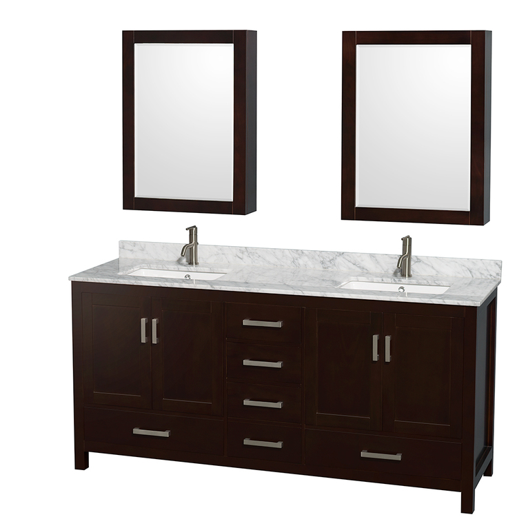 Wyndham Collection Sheffield 72 Inch Double Bathroom Vanity in Espresso, White Carrara Marble Countertop, Undermount Square Sinks, and Medicine Cabinets image - 1