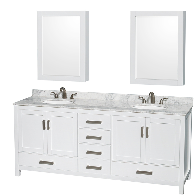 Wyndham Collection Sheffield 80 Inch Double Bathroom Vanity in White, White Carrara Marble Countertop, Undermount Oval Sinks, and Medicine Cabinets image - 1