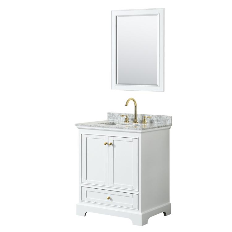 White Single Bathroom Vanity with Gold Trim and Marble Countertop image - 1