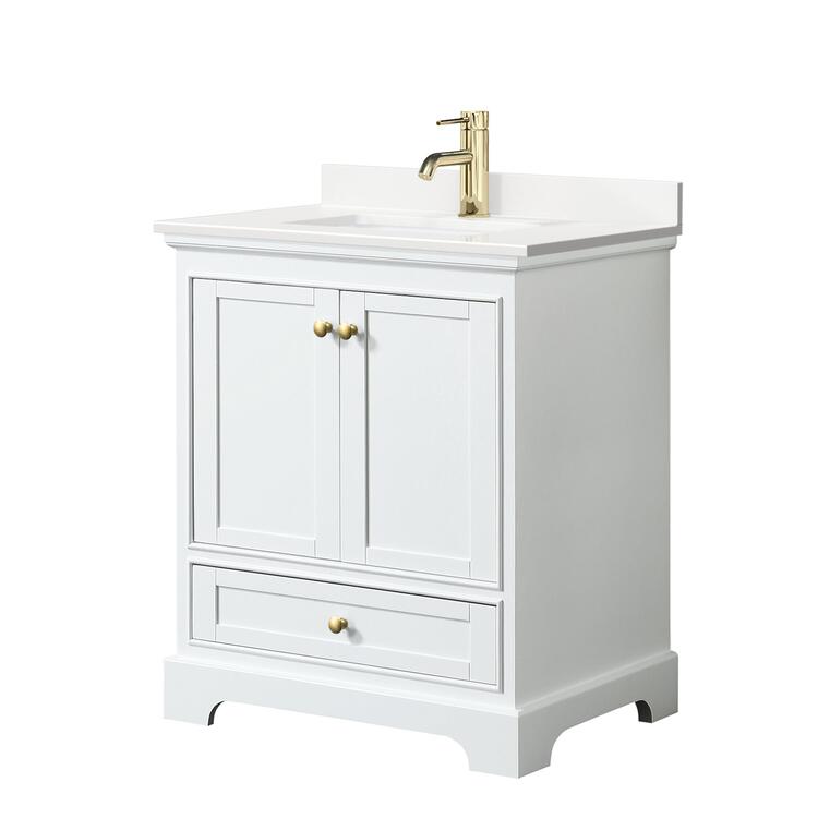 Wyndham Collection Deborah 30 Inch Single Bathroom Vanity in White, White Quartz Countertop, Undermount Square Sink (1-Hole), Brushed Gold Trim image - 1