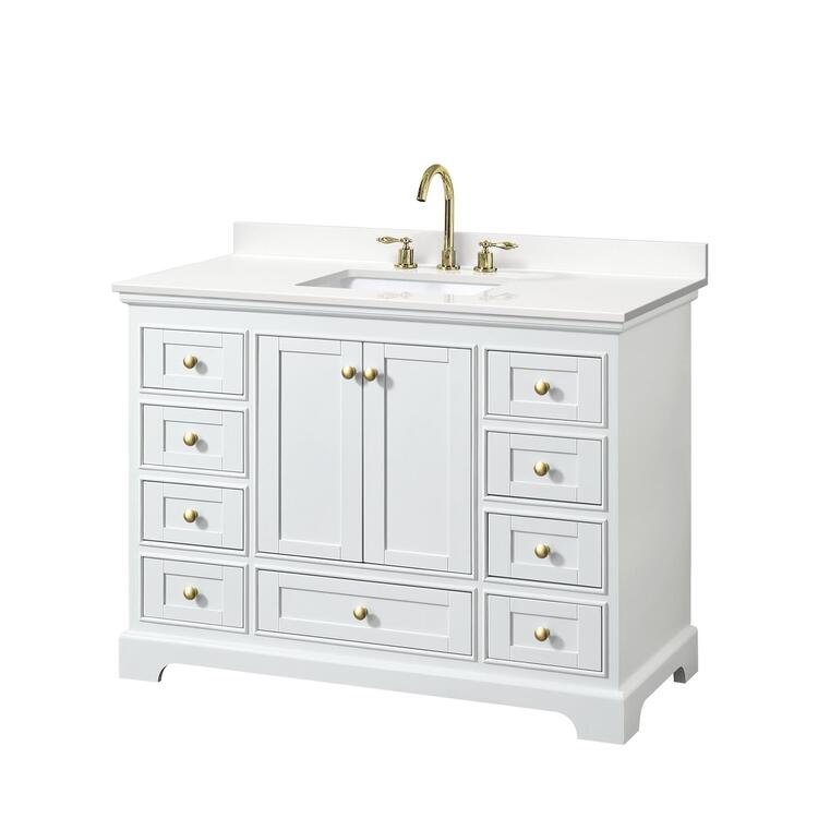 48 White Bathroom Vanity with Gold Trim & Quartz Countertop image - 1