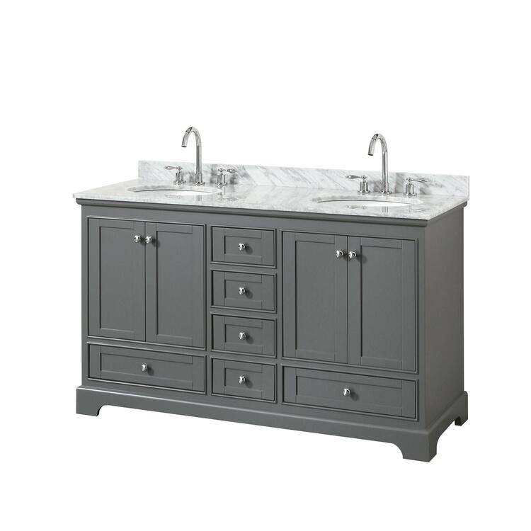 Dark Gray Double Bathroom Vanity with White Carrara Marble Countertop image - 1