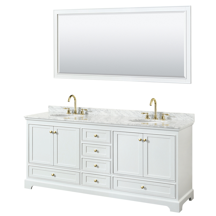 White Double Bathroom Vanity with Oval Sinks & Gold Trim image - 1
