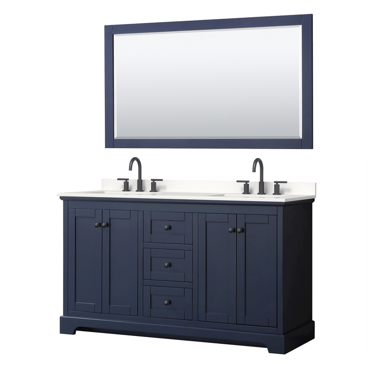 Dark Blue Double Bathroom Vanity with White Quartz Countertops and Undermount Sinks image - 1
