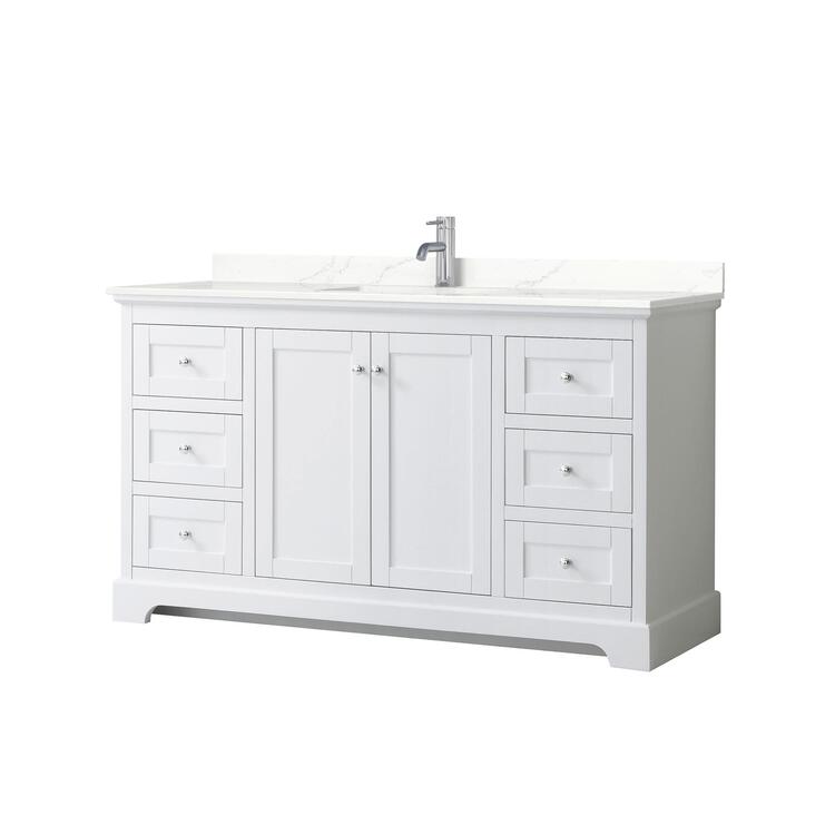 White Bathroom Vanity Quartz Countertop Polished Chrome Sink 60 Inch image - 1
