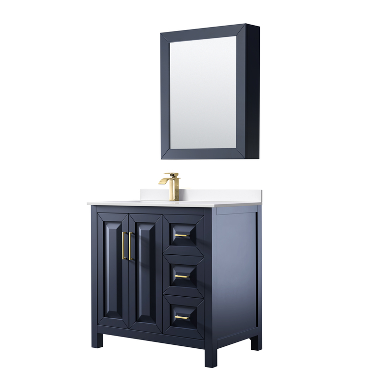 Wyndham Collection Daria 36 Inch Single Bathroom Vanity in Dark Blue, White Cultured Marble Countertop, Undermount Square Sink, Brushed Gold Trim, Medicine Cabinet image - 1