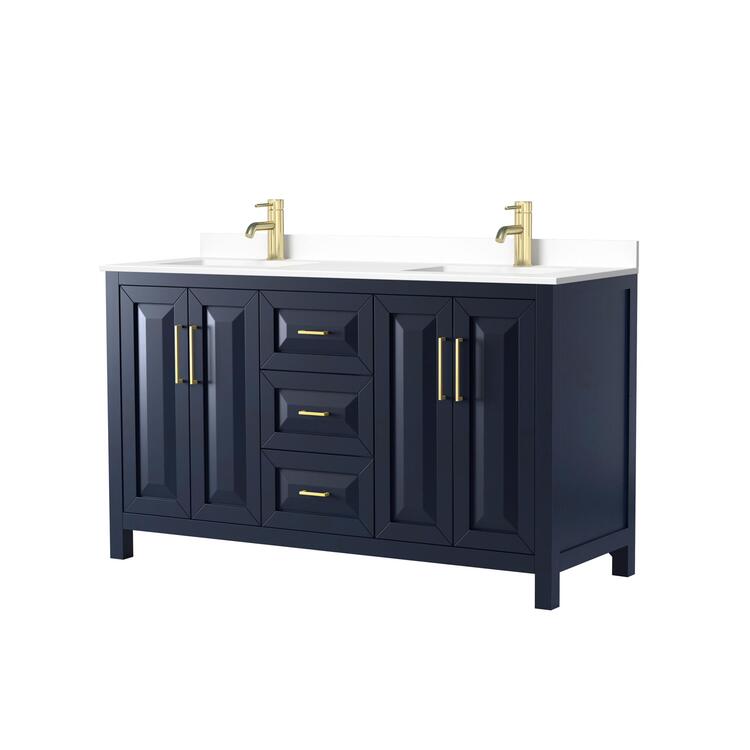 Dark Blue Bathroom Vanity Double Sink White Marble Countertop image - 1