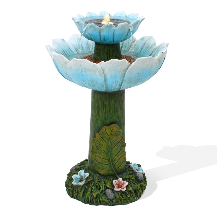 Luxen Home Solar Blue Flower Birdbath Fountain with Lights - Outdoor Garden Decor image - 1