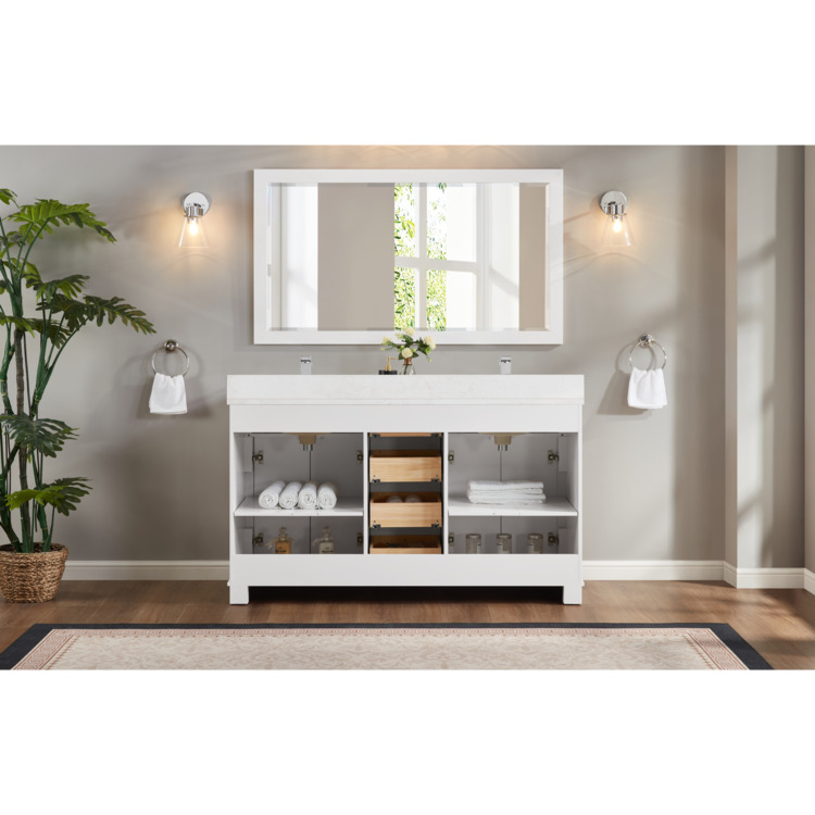 Legion Furniture 60" WHITE FINISH SOLID WOOD SINK VANITY WITH 1" ARTIFICIAL STONE TOP image - 1