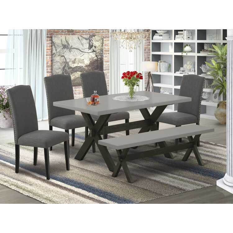 6-Piece Dining Set - Table, Chairs & Bench - Dark Gray Fabric image - 1