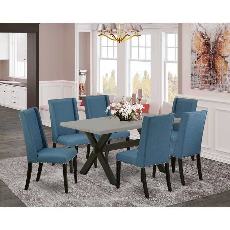 East West Furniture X696FL121-7 7 Piece Modern Dining Table Set Consist of a Rectangle Dining Room Table with X-Legs and 6 Blue Linen Fabric Upholstered Chairs, 36x60 Inch, Multi-Color image - 1