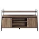 Benjara TV Stand with 2 Sliding Barn Doors and Tubular Frame, Oak Brown Thumbnail - 1