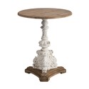 Benjara Prana 31 Inch Round Accent Table, Expertly Carved Fir Wood, Brown, Antique White Thumbnail - 1