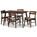 Baxton Studio Eleri Mid-Century Modern Transitional Light Beige Fabric Upholstered and Walnut Brown Finished Wood 5-Piece Dining Set Thumbnail - 1