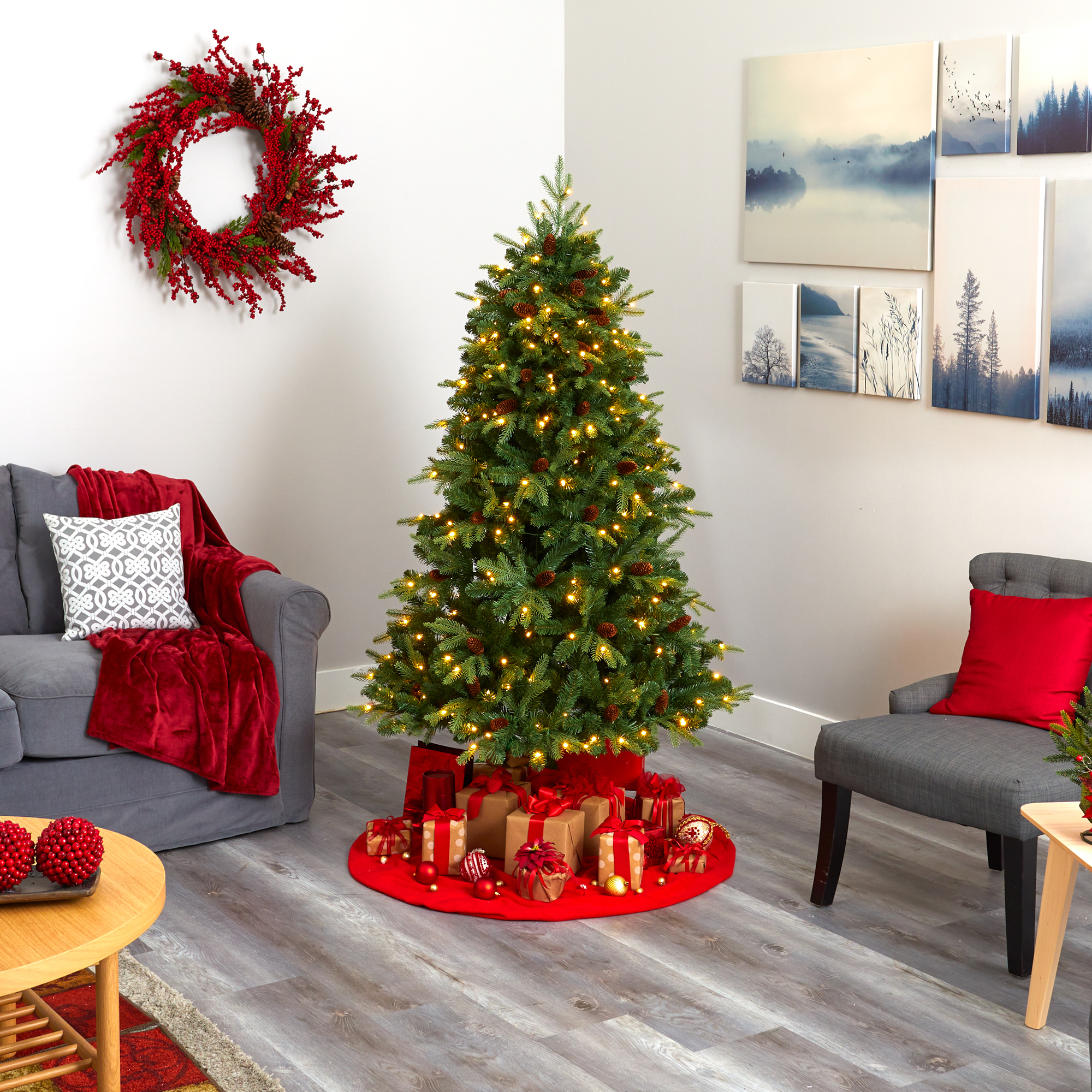 Nearly Natural 6ft. Wellington Spruce Look Artificial Christmas Tree with 300 Clear LED Lights and Pine Cones - Thumbnail 12