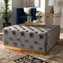 Baxton Studio Verene Glam and Luxe Grey Velvet Fabric Upholstered Gold Finished Square Cocktail Ottoman Thumbnail - 1