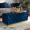 Baxton Studio Corrine Glam and Luxe Navy Blue Velvet Fabric Upholstered and Gold PU Leather Ottoman Thumbnail - 1