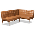 Baxton Studio Sanford Mid-Century Modern Tan Faux Leather Upholstered and Walnut Brown Finished Wood 2-Piece Dining Nook Banquette Set Thumbnail - 1