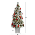 Nearly Natural 4ft. Winter Flocked Artificial Christmas Tree Pre-Lit with 50 LED Lights and Ornaments in Decorative Planter - Thumbnail 2