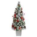 Nearly Natural 4ft. Winter Flocked Artificial Christmas Tree Pre-Lit with 50 LED Lights and Ornaments in Decorative Planter - Thumbnail 3