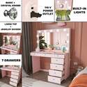 Boahaus Diana Large Makeup Vanity Desk with Mirror, Hollywood Lights, 7 Drawers, USB Type-C & Type-A Ports, 110V Power Outlet, Hair Dryer Hanger, Crystal Knobs ? Premium Pink Vanity Desk for Bedroom - Thumbnail 2