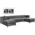 Grey Velvet Sectional Sofa Set with Gold Legs and Channel Tufted Back Thumbnail - 1