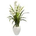 White Cymbidium Orchid Artificial Plant 4ft High in White Planter - Nearly Natural Thumbnail - 1