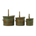 Benzara Tinged Metal Bucket Planter With Handles, Patina Rust Finish, Green, Set of 3 Thumbnail - 1