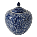 BenJara 10 Inch Lidded Jar, Curved Round Persian Floral Print, Blue Porcelain Thumbnail - 1