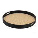 Benjara Zam 20 Inch Round Wood Decorative Tray, Rattan Woven Bottom, Black Finish Thumbnail - 1