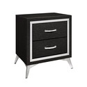 BenJara Haya 24 Inch 2 Drawer Nightstand, Embossed Jet Black Wood, Silver Trim Thumbnail - 1