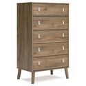 BenJara Nina 51 Inch 5 Drawer Tall Dresser Chest, Gray Faux Leather Handles, Brown Thumbnail - 1
