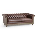 BenJara Ober Sofa, Chesterfield Tufted Dark Brown Faux Leather, 79 Inch, Taupe Wood Thumbnail - 1